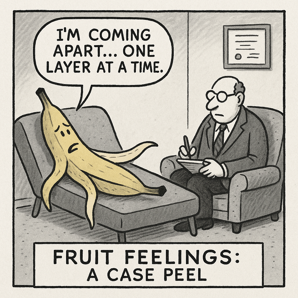 a banana slouches on a psychiatrists couch peel slightly unr
