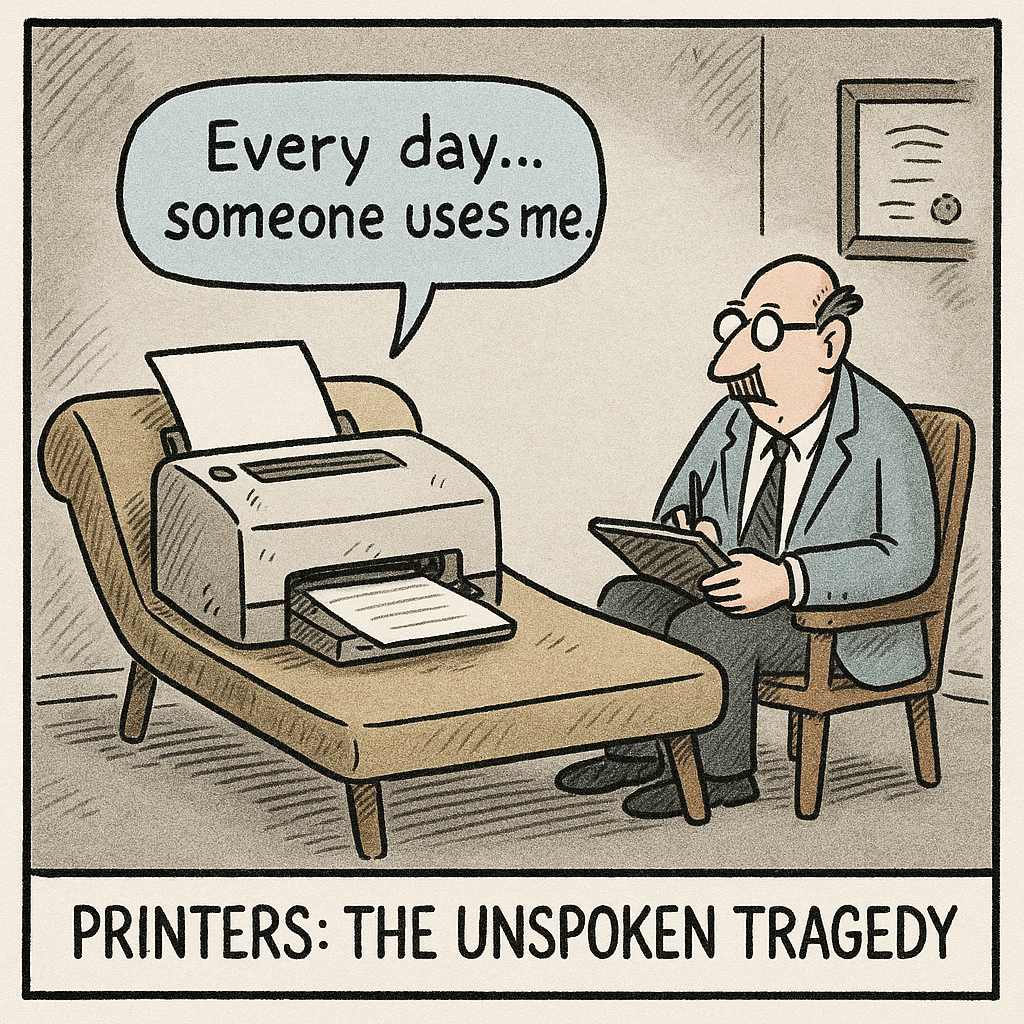 a battered printer reclines on a therapists couch the printe