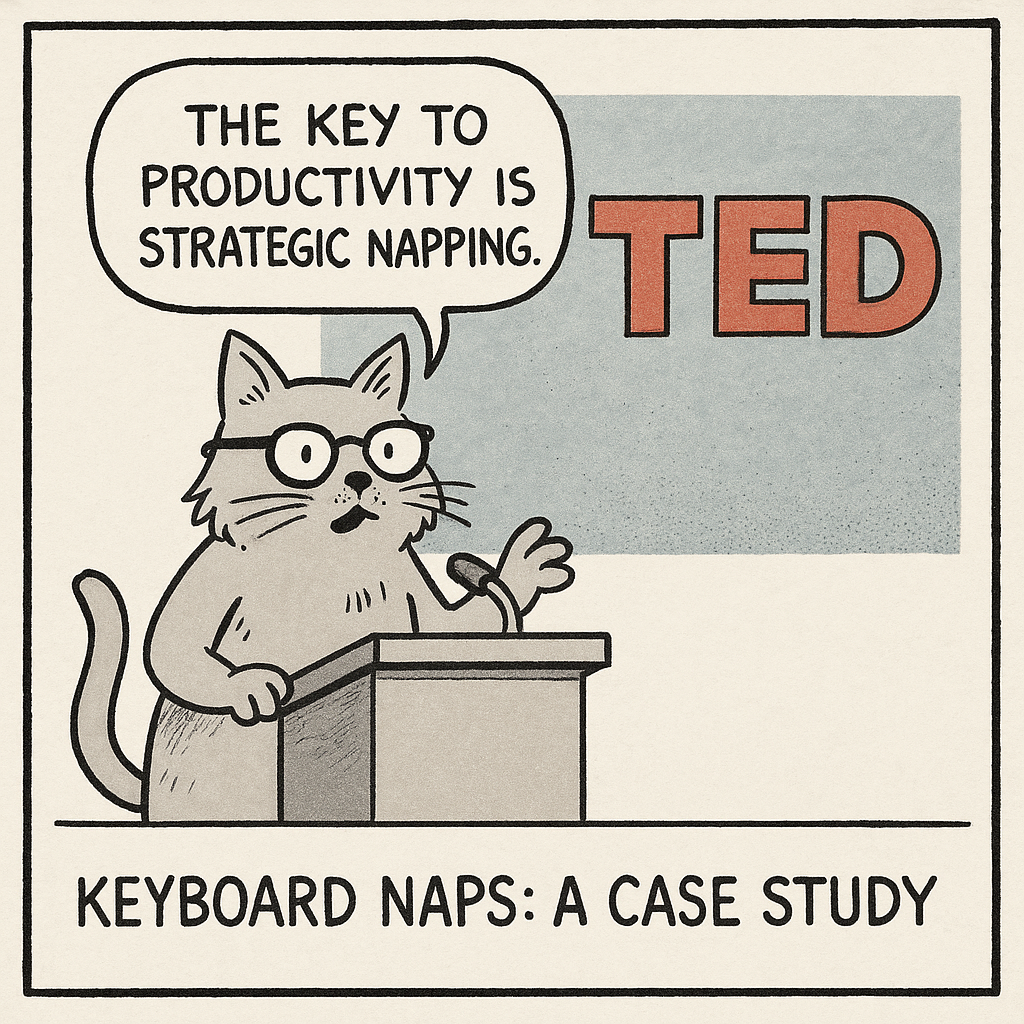 a cat wearing glasses stands at a podium during a ted talk t