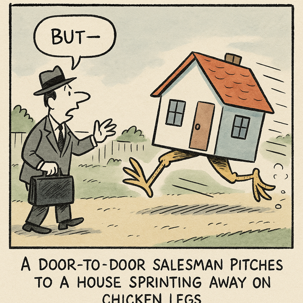 a door to door salesman pitches to a house sprinting away on