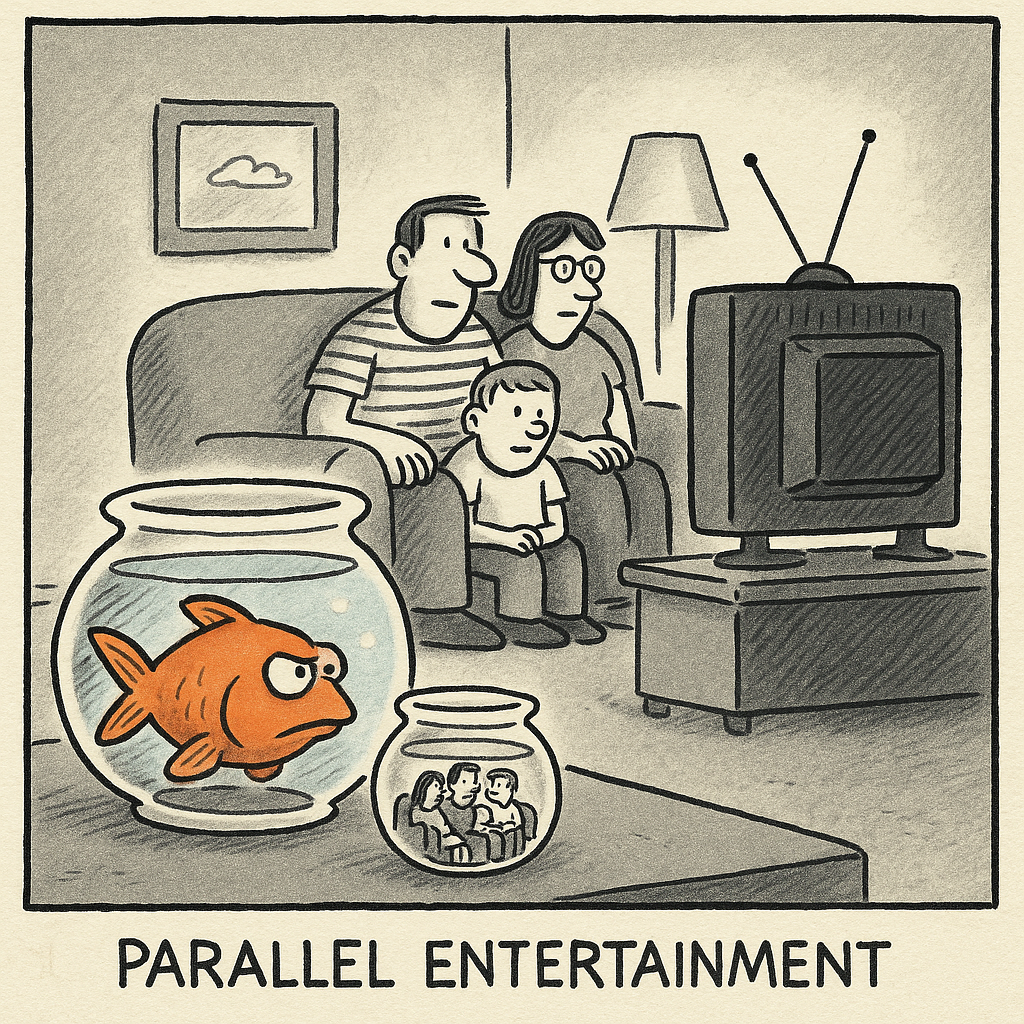 a family watching tv while their pet goldfish stares at a ti