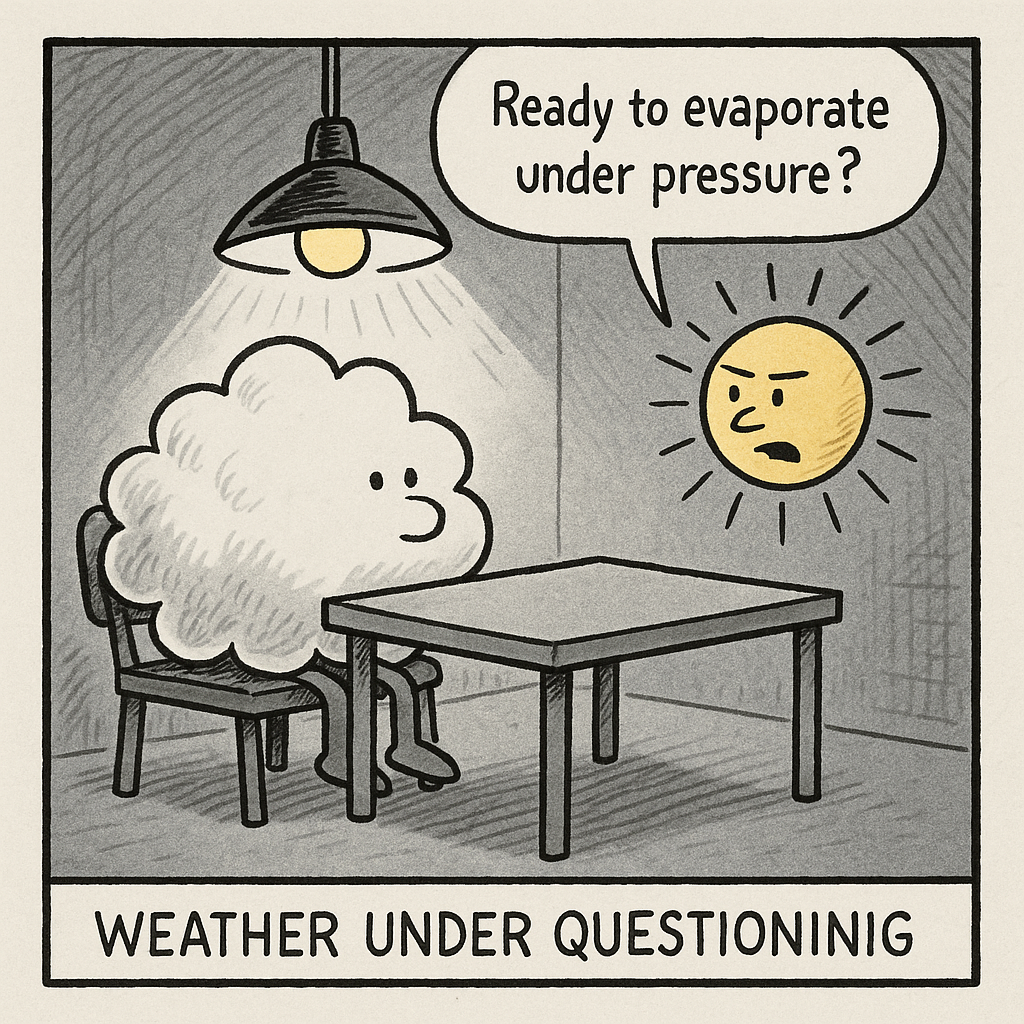 a fluffy cloud sits in an interrogation room under a hot lam