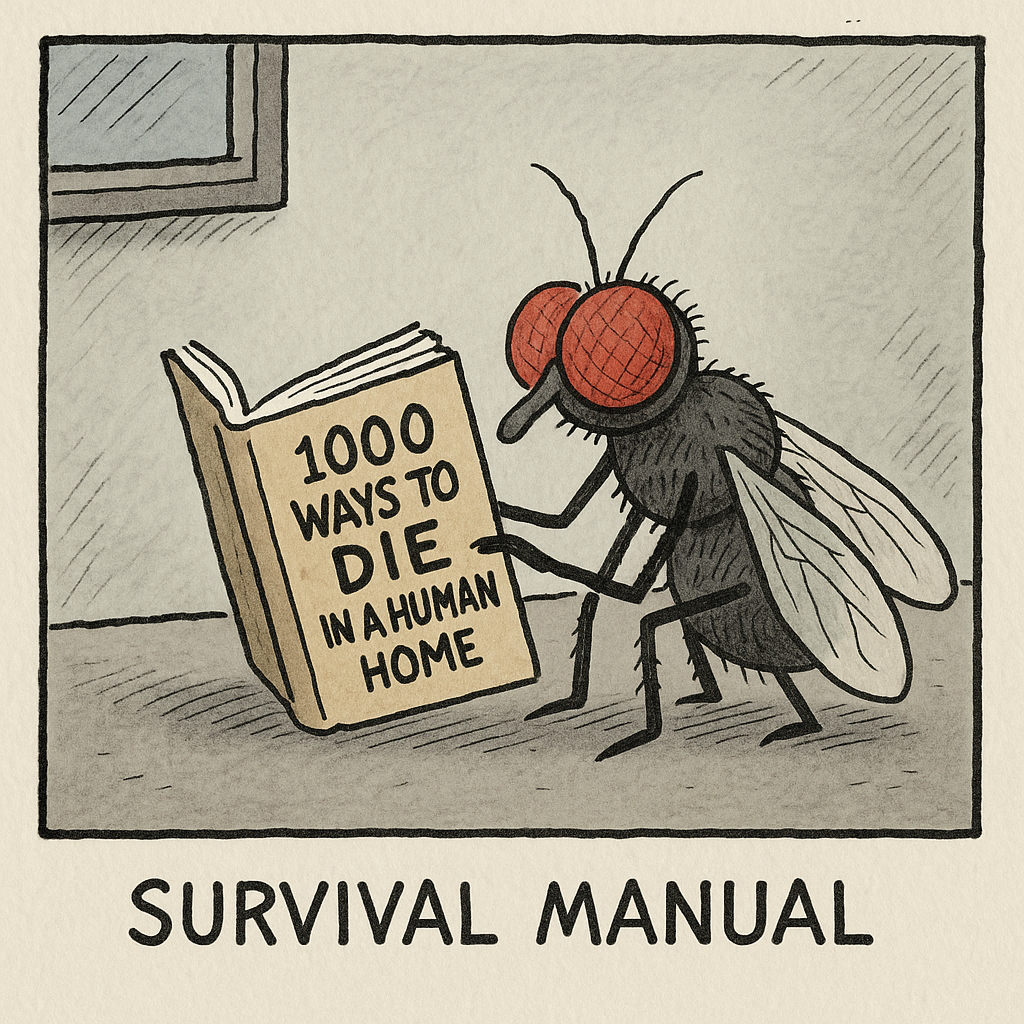 a fly looking at 1000 ways to die in a human home guidebook
