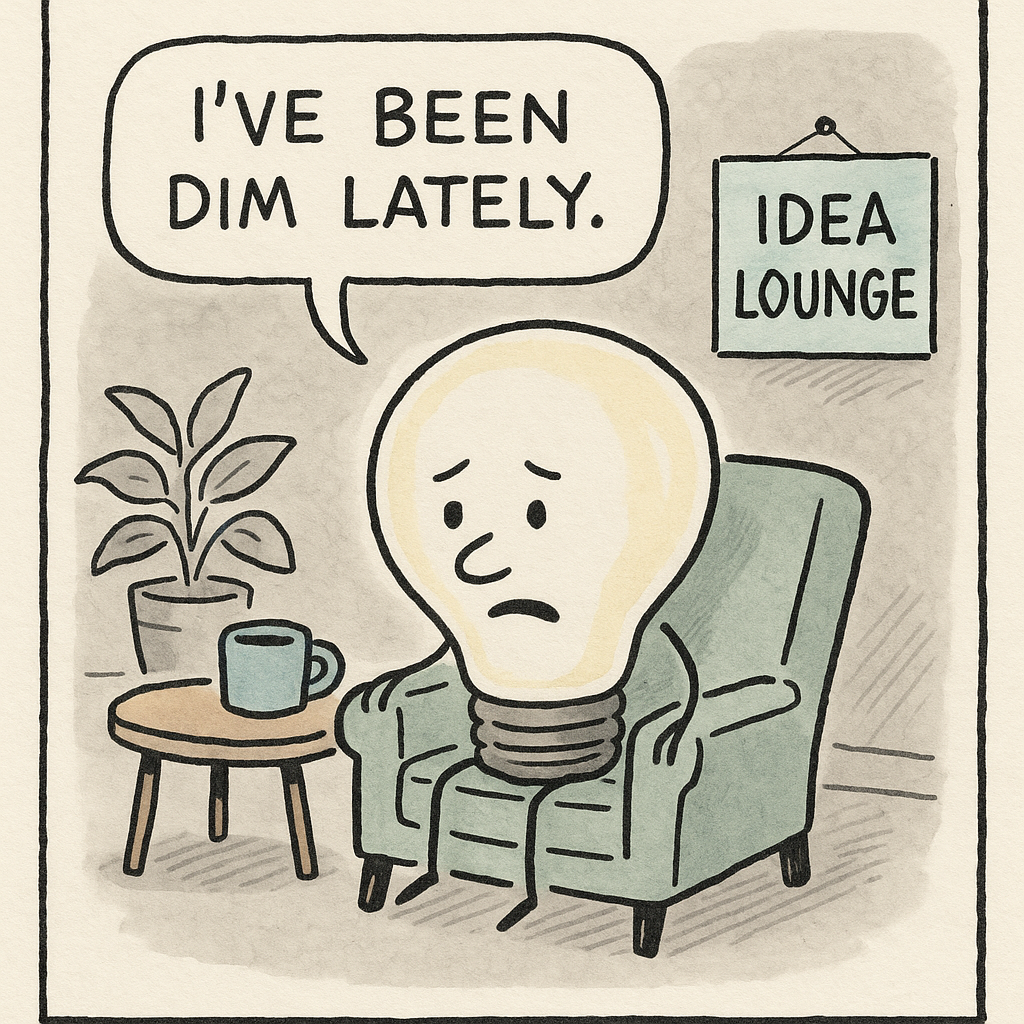 a lightbulb waits in an idea lounge lamenting ive been dim l