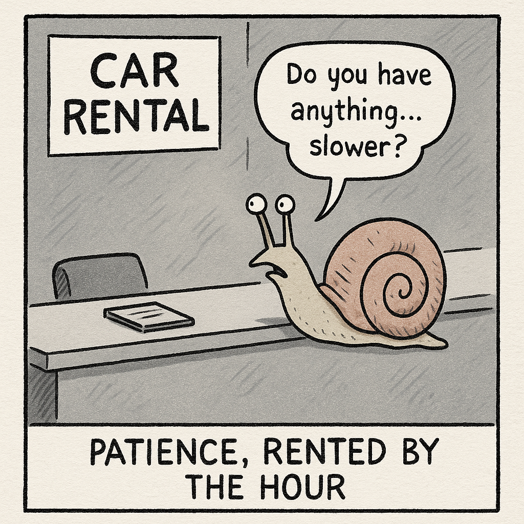 a snail at a car rental desk peers over the counter the snai