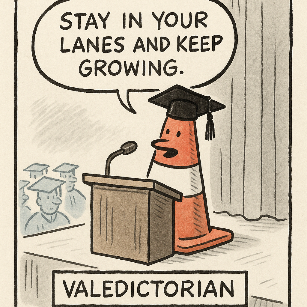 a traffic cone graduates college valedictorian speech stay i