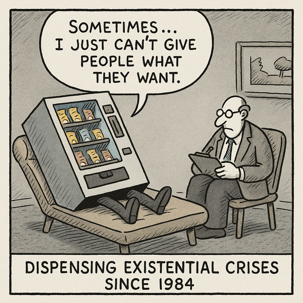 a vending machine reclines on a therapists couch change slot