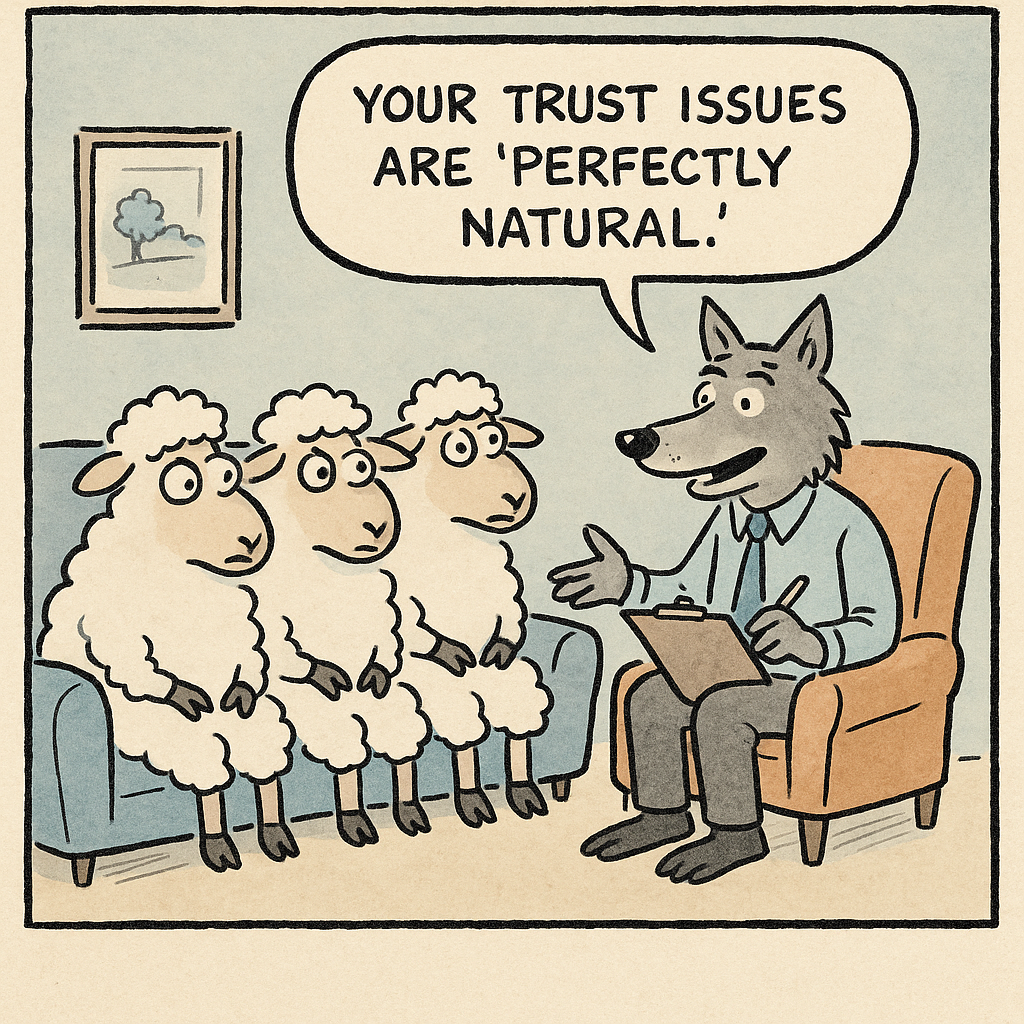 a wolf therapist assures three anxious sheep clients that th