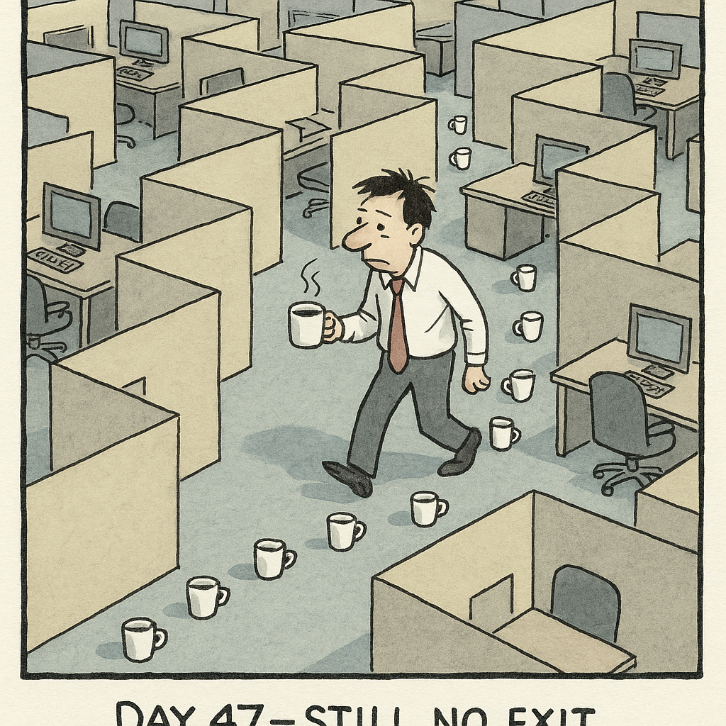 an office worker lost in an endless cubicle maze following a