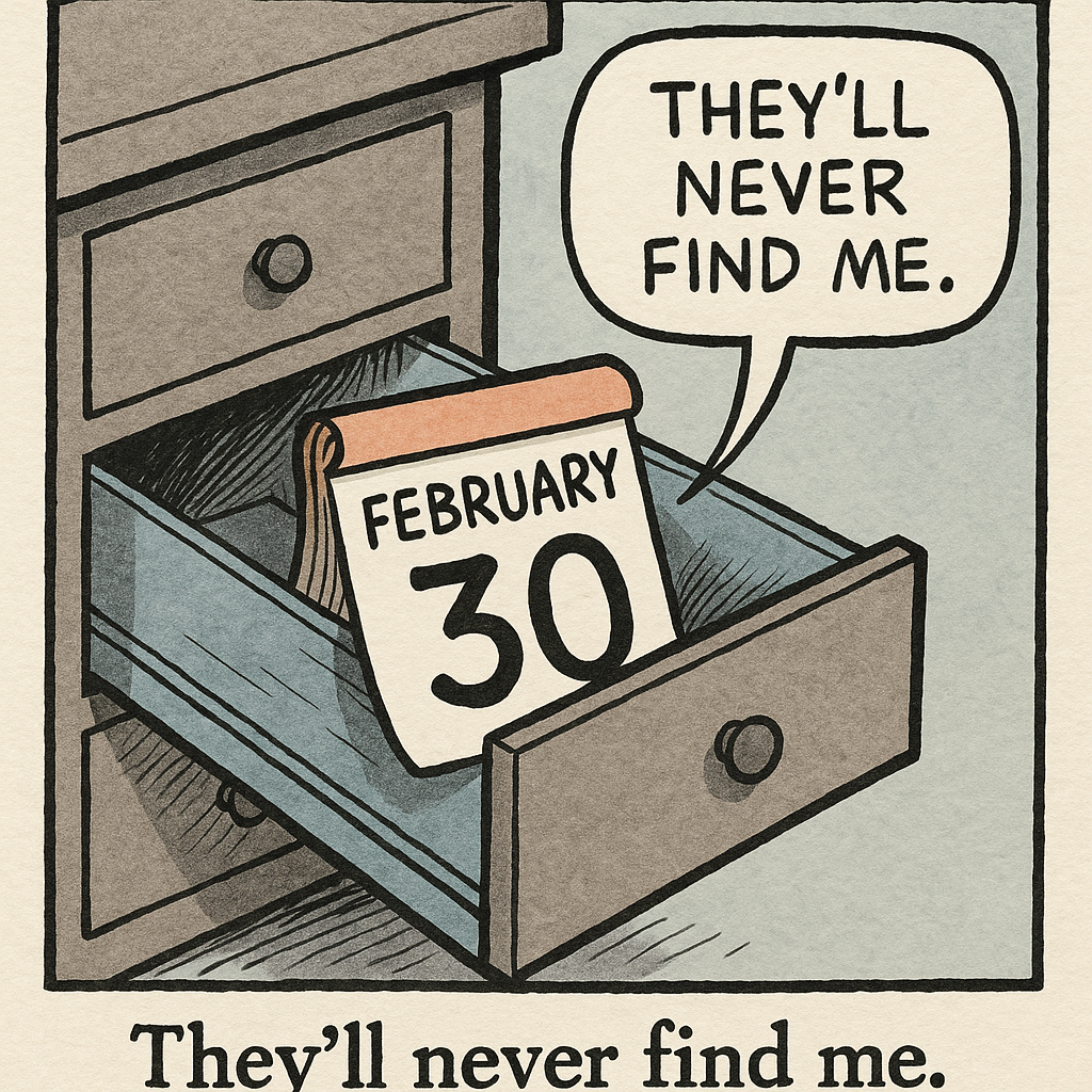 calendar page february 30th hides behind desk drawers whispe
