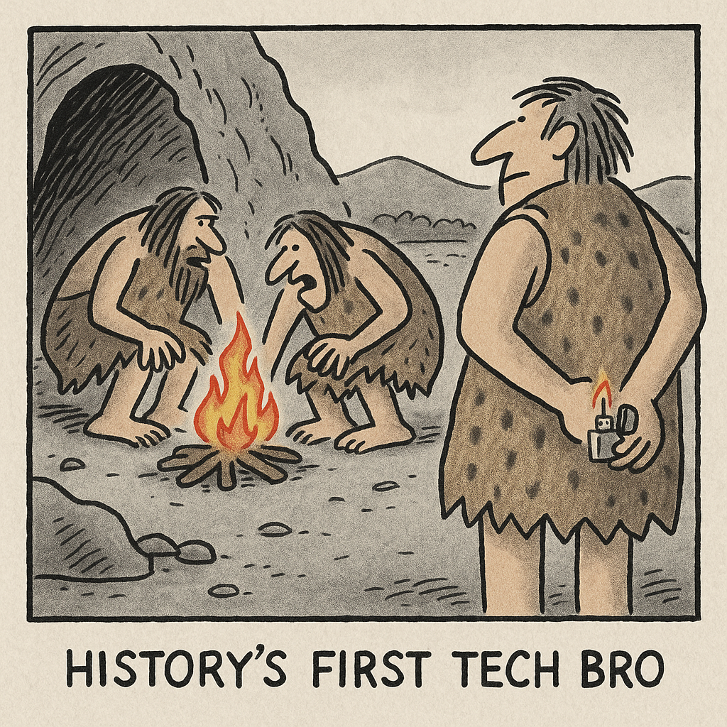 cavemen discovering fire while one secretly holds a lighter