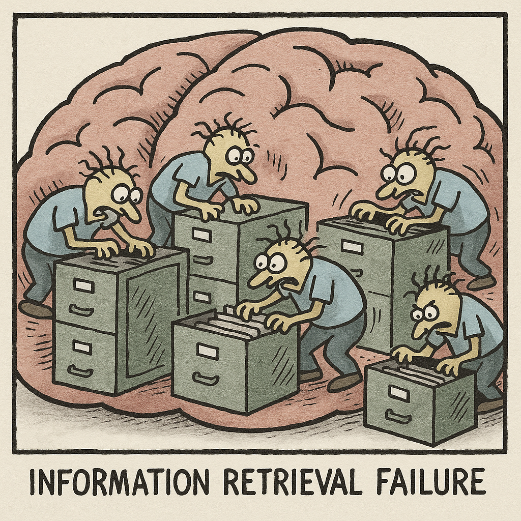 cells in a brain during an exam frantically searching filing