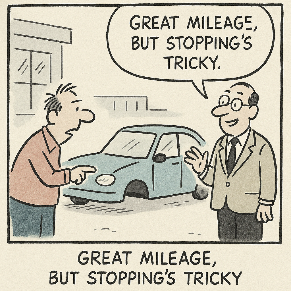 customer points at a car with no wheels salesman says great
