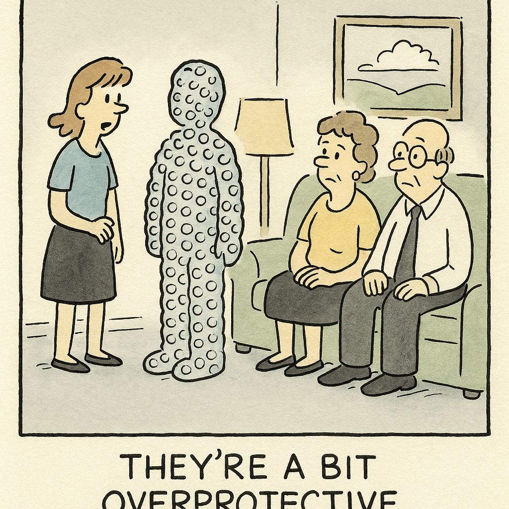 date meets parents wrapped completely in bubble wrap caption