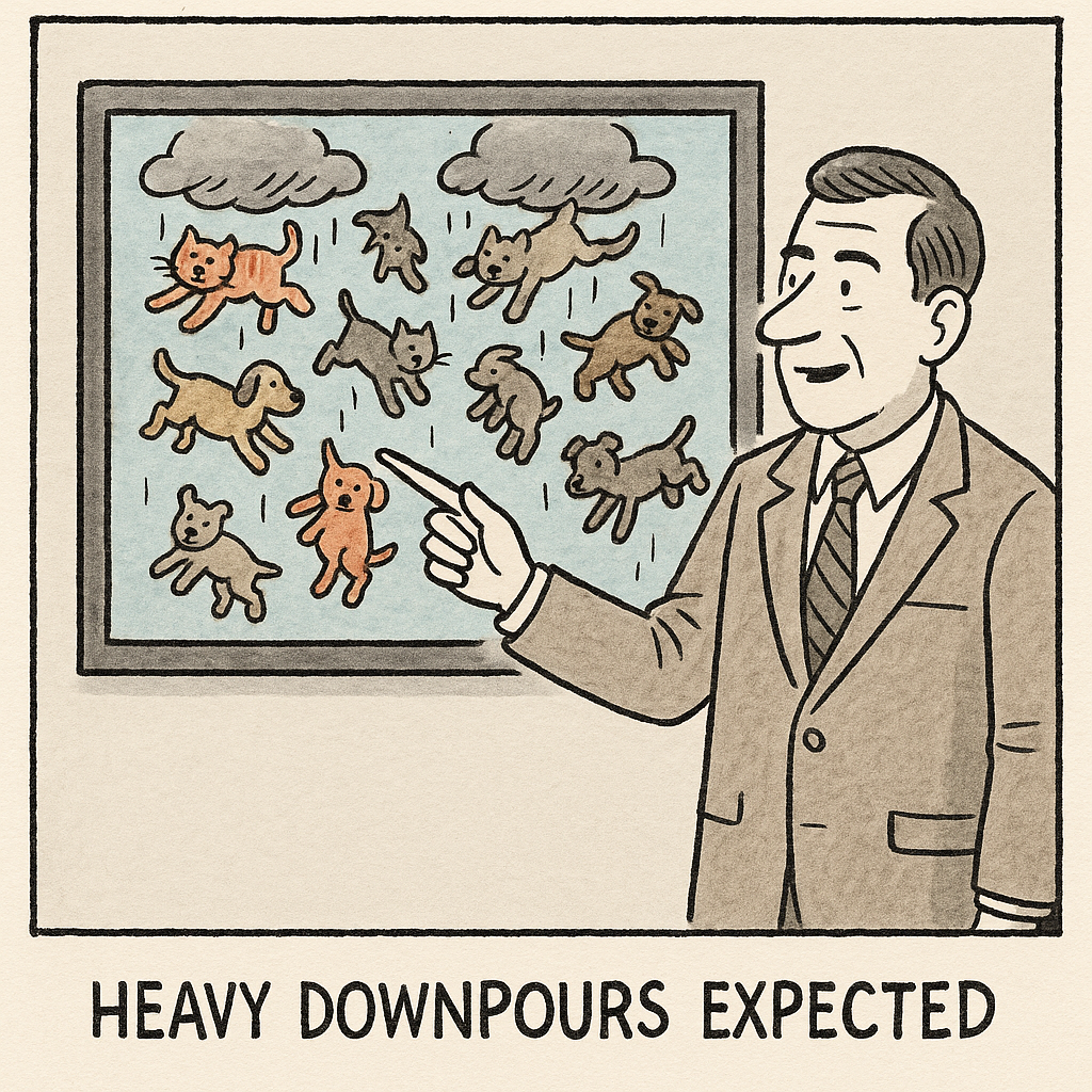 meteorologist points at map showing literal cats and dogs fa