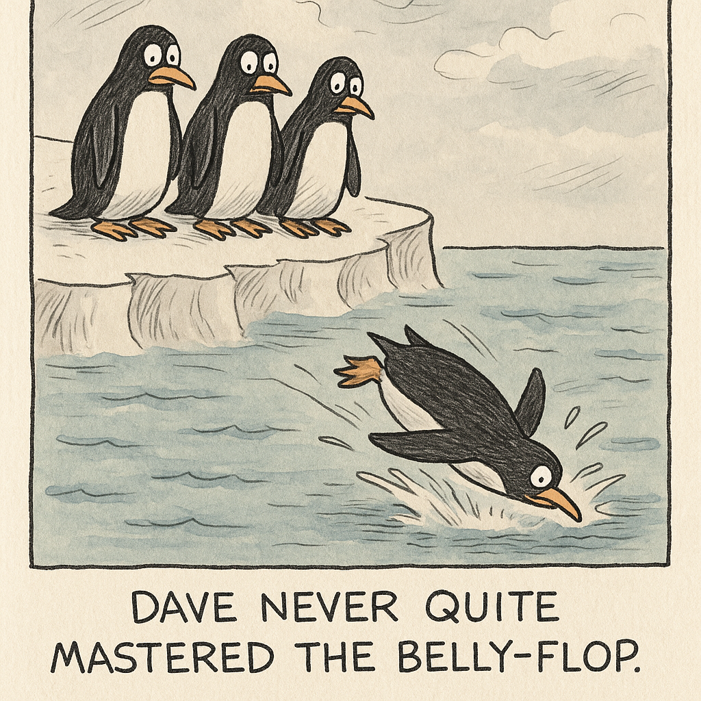 penguins watch one penguin flop into water caption dave neve