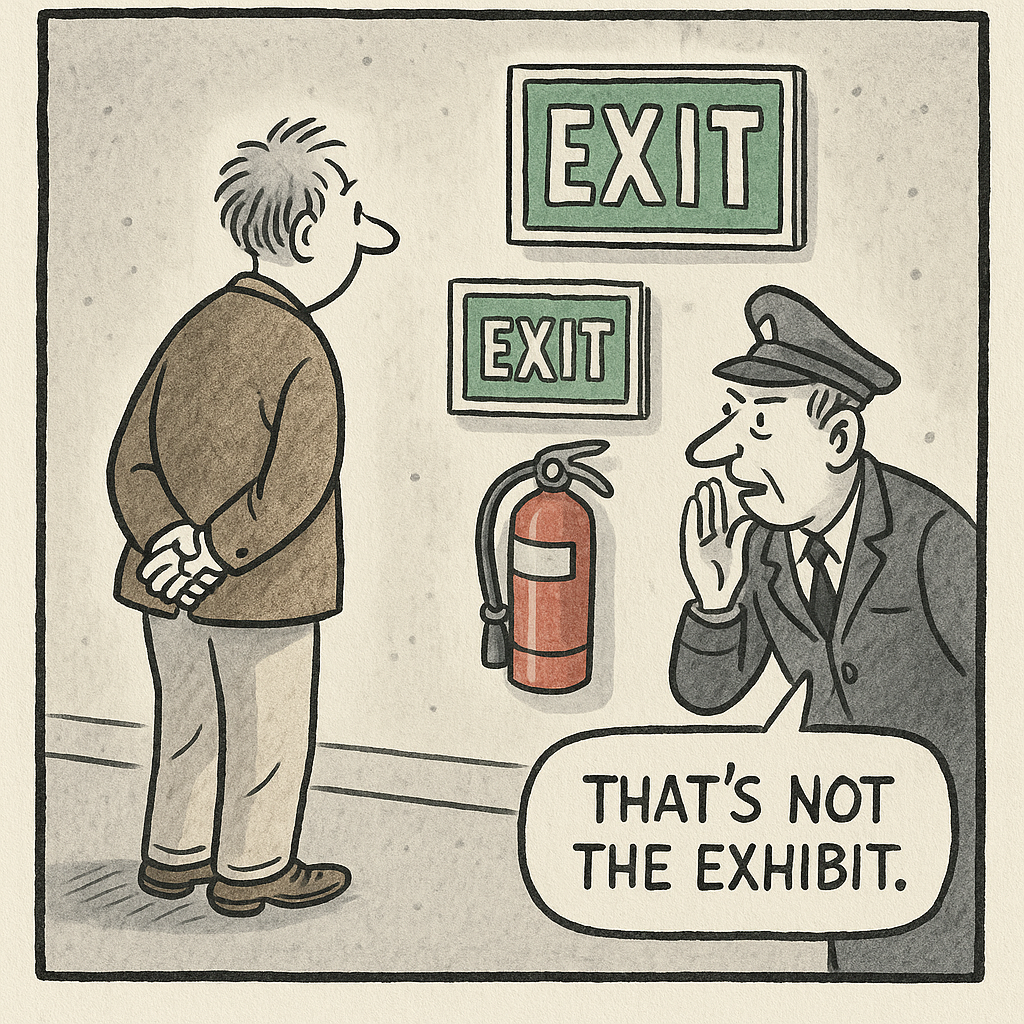 person studies modern art thats actually exit signs and a fi
