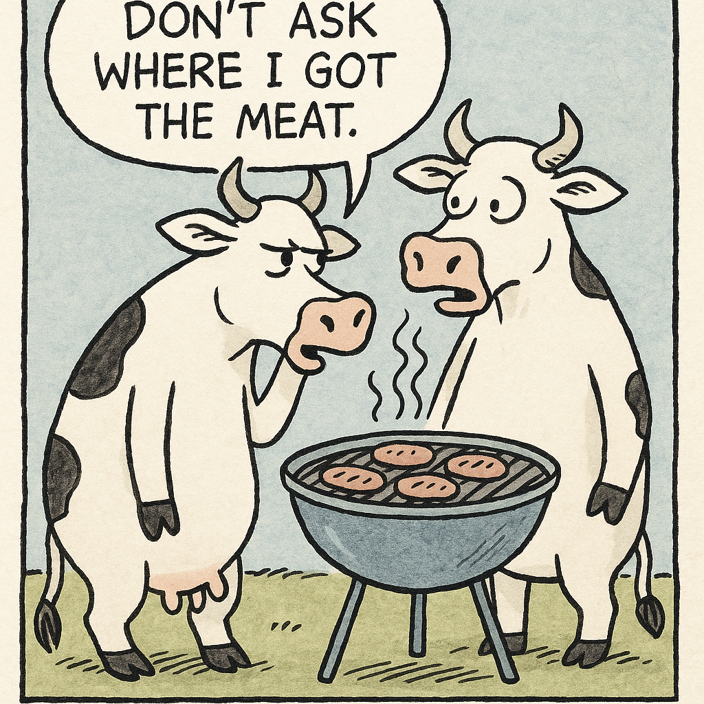 two cows standing at a grill cooking hamburgers one whispers
