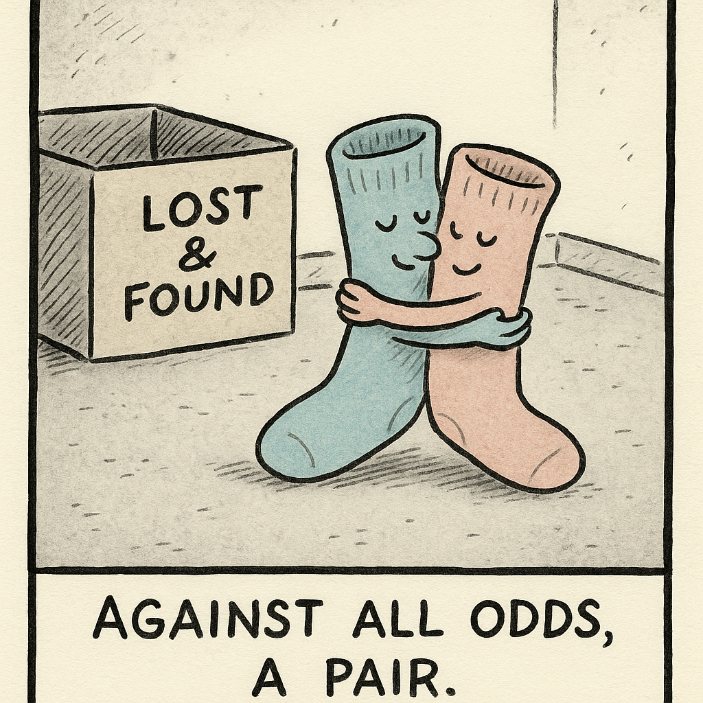 two socks reunited in lost and found hug caption against all