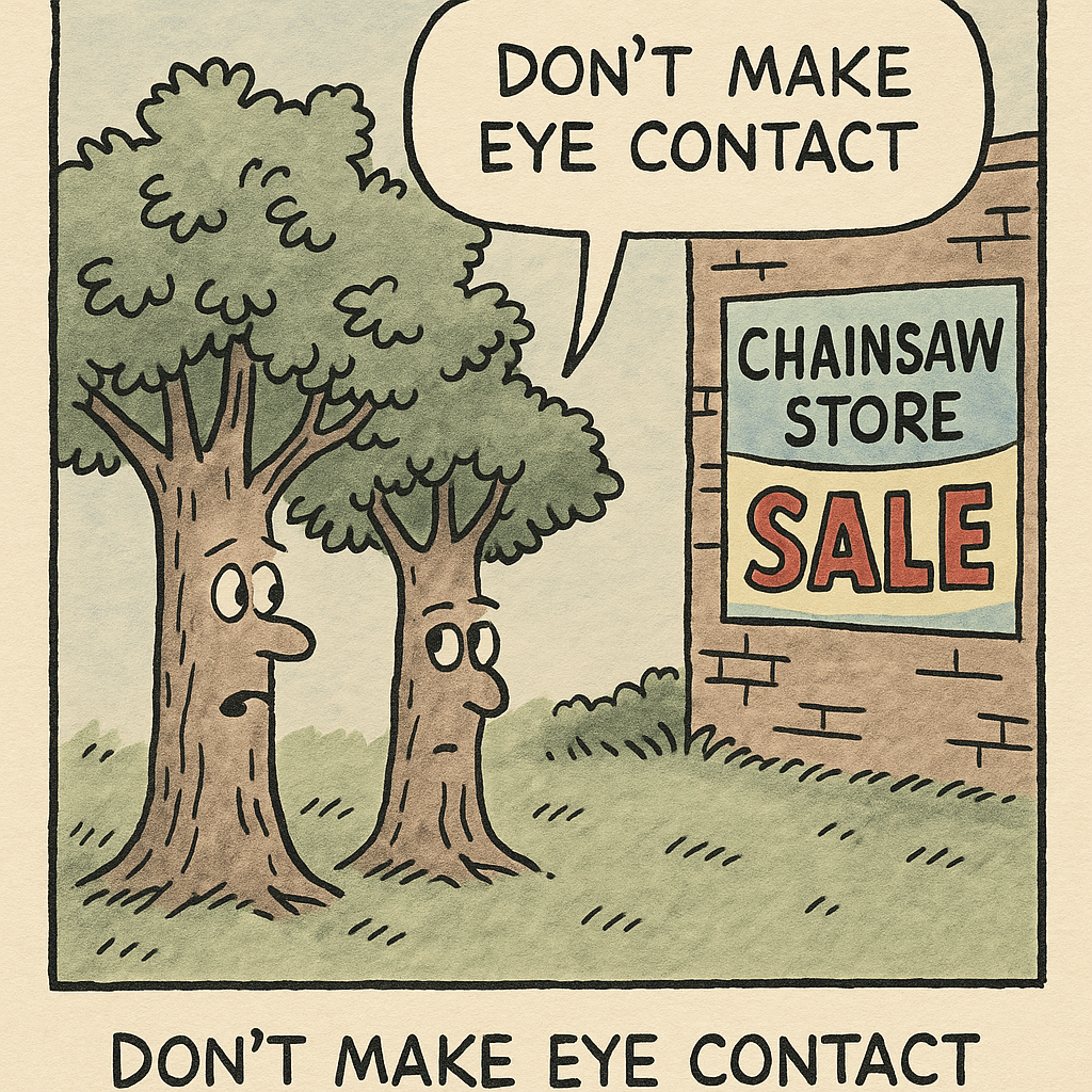 two trees spot a chainsaw store sale banner one whispers don