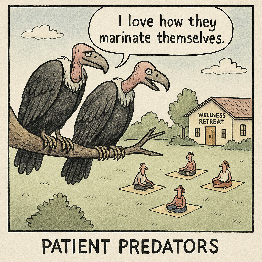 two vultures on a branch watching a wellness retreat below o